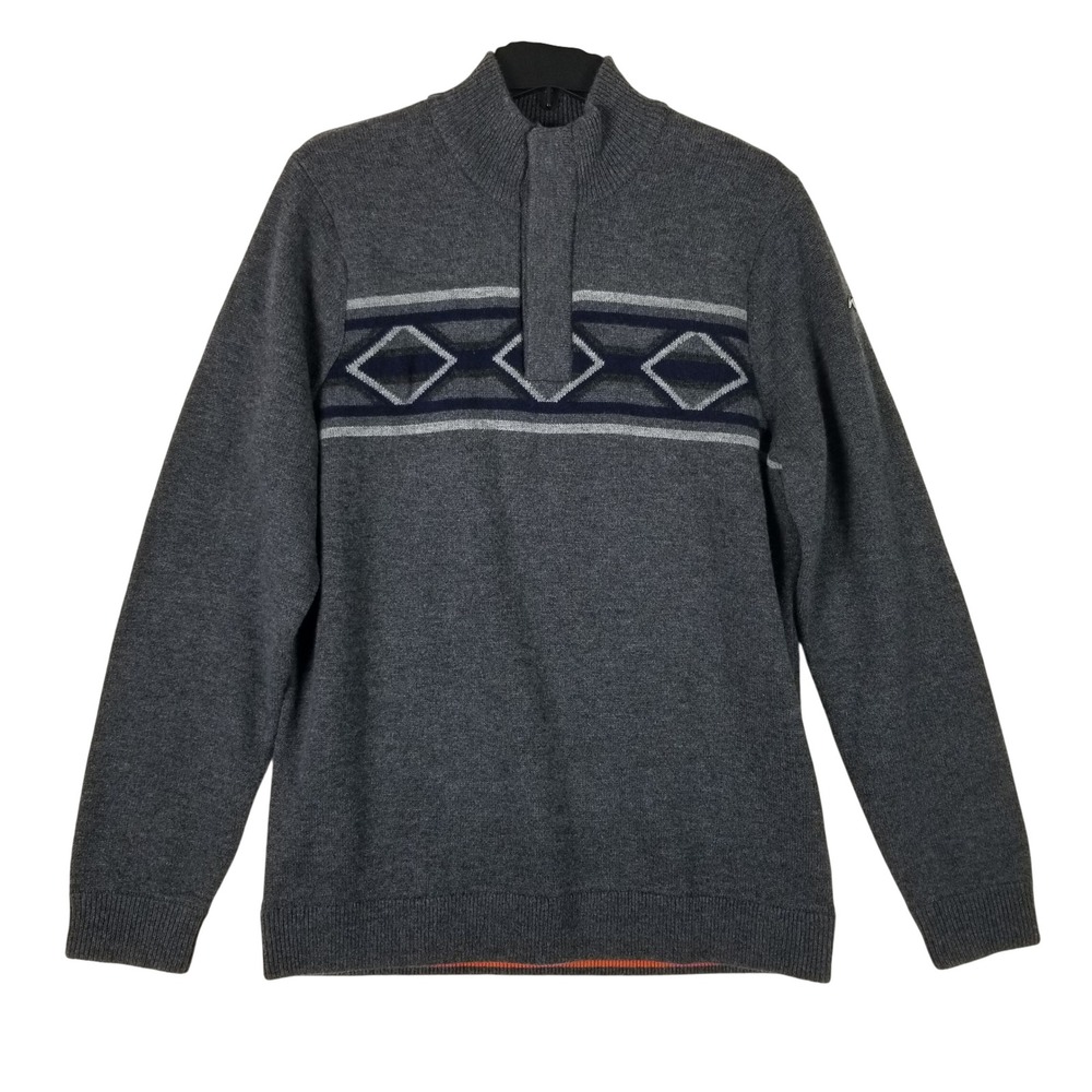 KJUS Celerina Placket Sweater Mens 2XL Grey Merino Cashmere Geometric Mock Neck